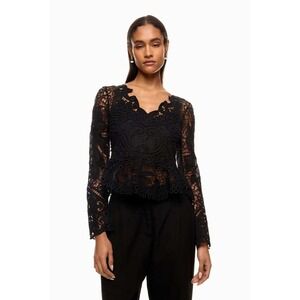 Sea New York Black Guipure Lace Long Sleeve Peplum Top Size 10